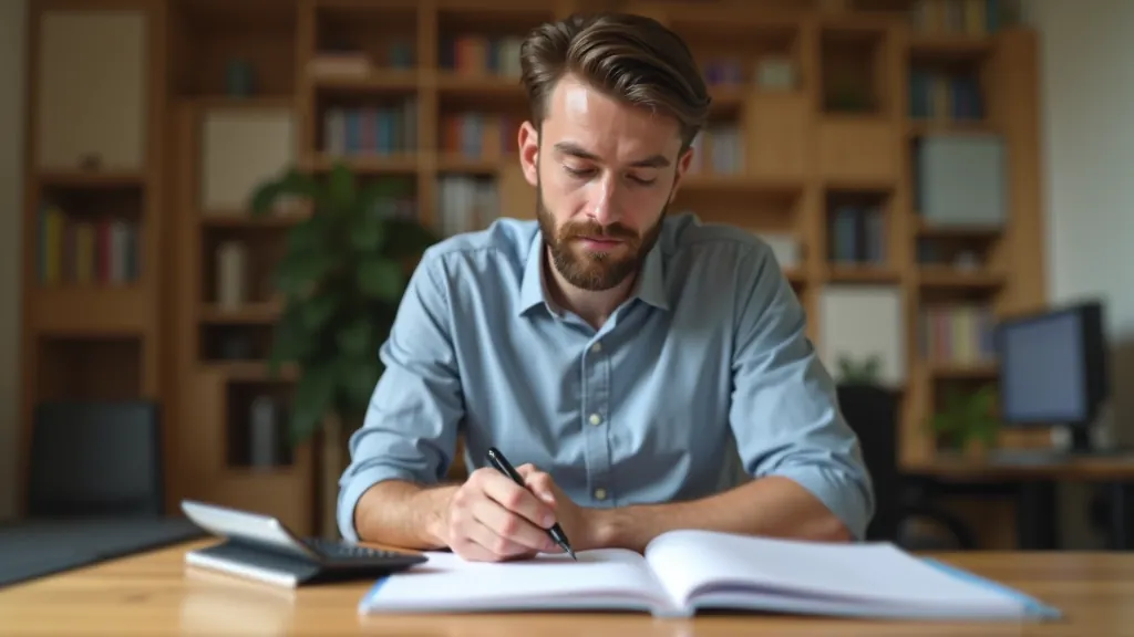 Muž u stolu s notebookem a kalkulačkou, plánuje rodinný rozpočet